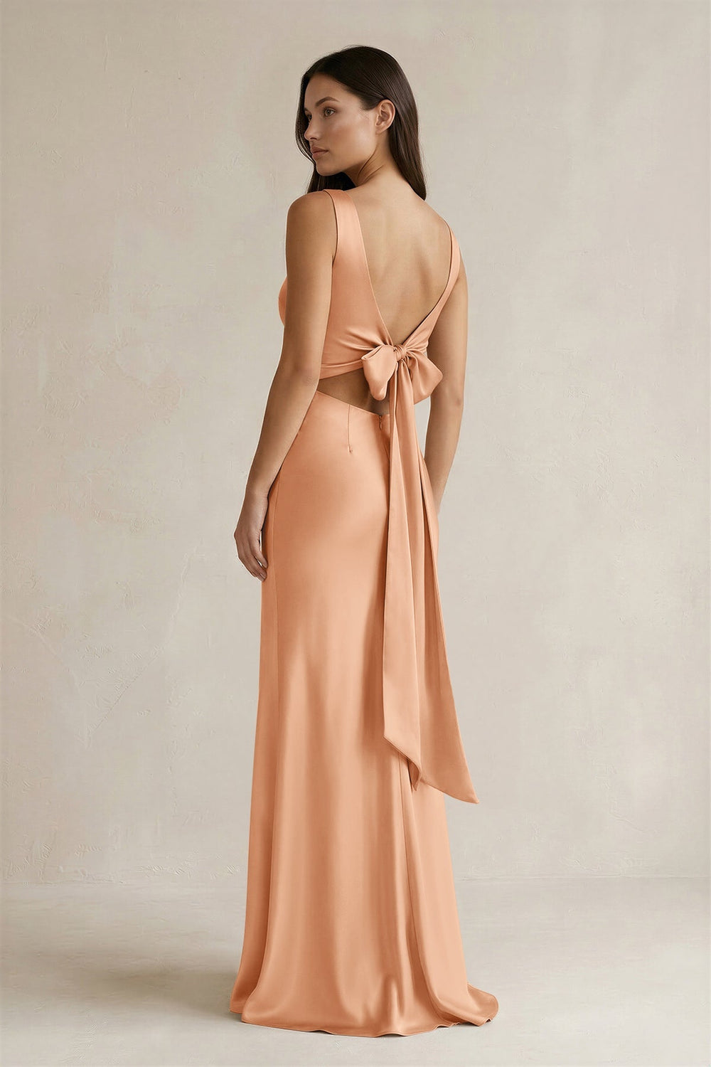 V - neck Sheath Satin Bridesmaid Dress With Back Bow in Golden Champagne - KissProm Bridesmaid Dresses