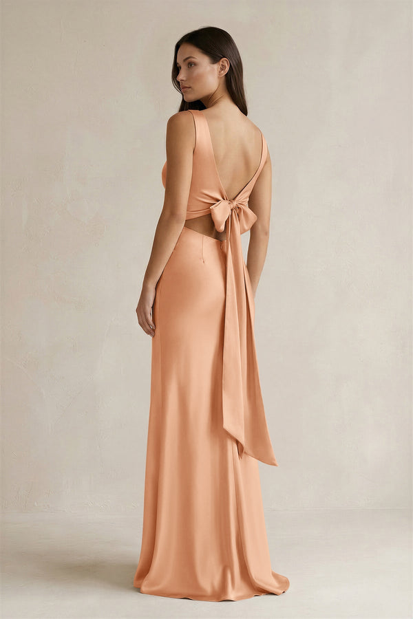 V - neck Sheath Satin Bridesmaid Dress With Back Bow in Golden Champagne - KissProm Bridesmaid Dresses