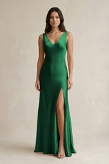 V - neck Sheath Satin Bridesmaid Dress With Back Bow in Green - KissProm Bridesmaid Dresses