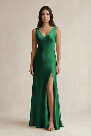 V - neck Sheath Satin Bridesmaid Dress With Back Bow in Green - KissProm Bridesmaid Dresses