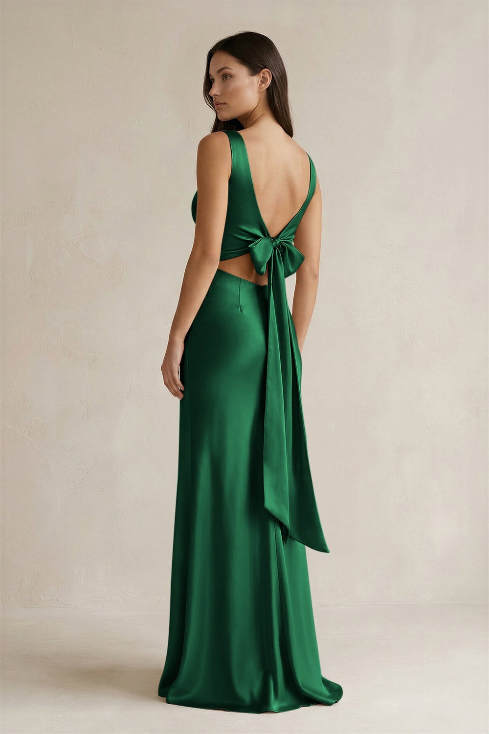 V - neck Sheath Satin Bridesmaid Dress With Back Bow in Green - KissProm Bridesmaid Dresses