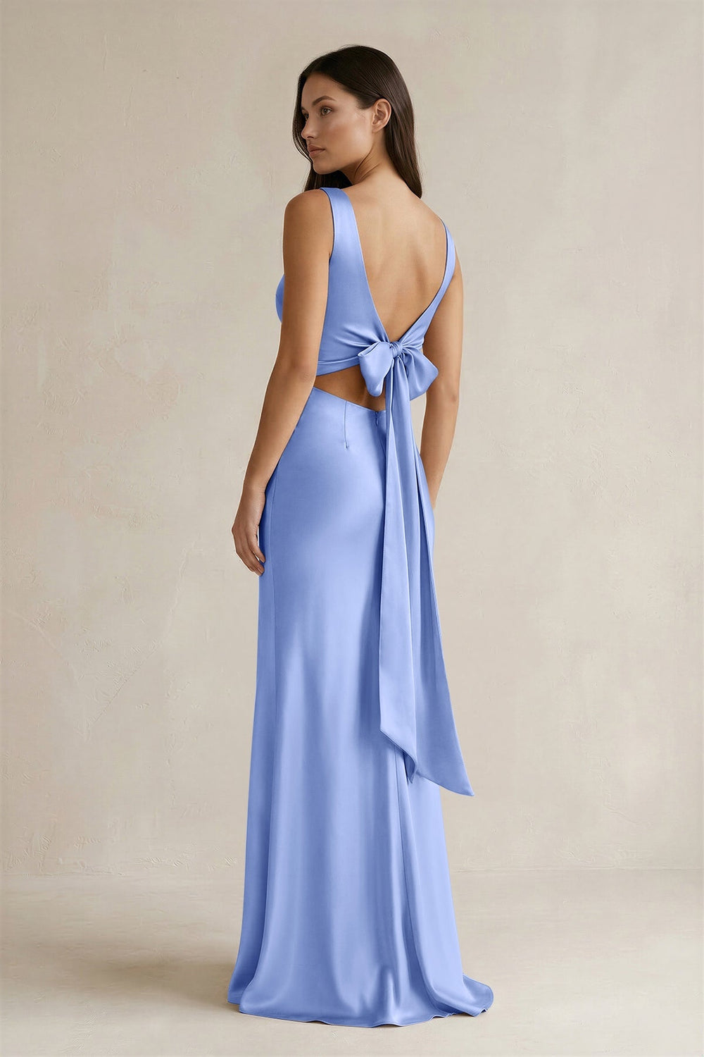 V - neck Sheath Satin Bridesmaid Dress With Back Bow in Ice - KissProm Bridesmaid Dresses
