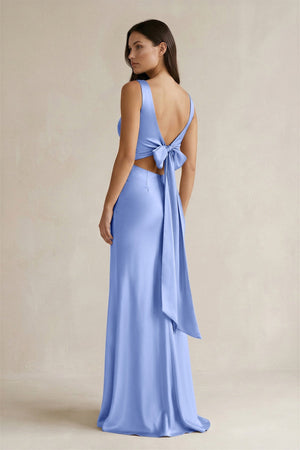 V - neck Sheath Satin Bridesmaid Dress With Back Bow in Ice - KissProm Bridesmaid Dresses