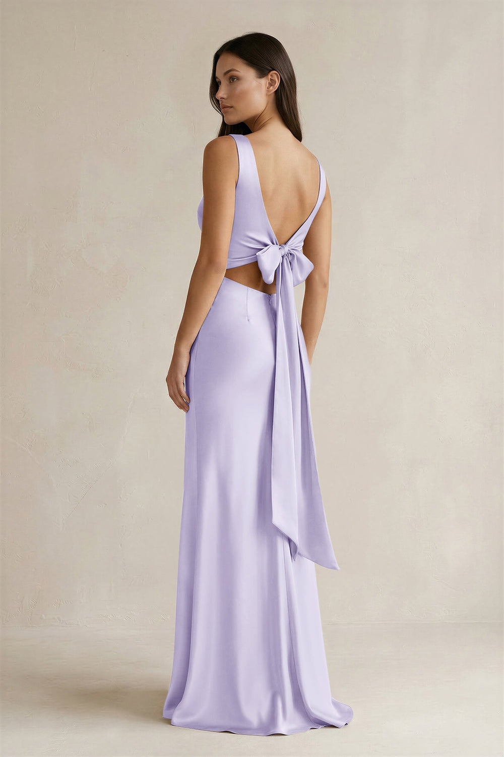 V - neck Sheath Satin Bridesmaid Dress With Back Bow in Lavender - KissProm Bridesmaid Dresses