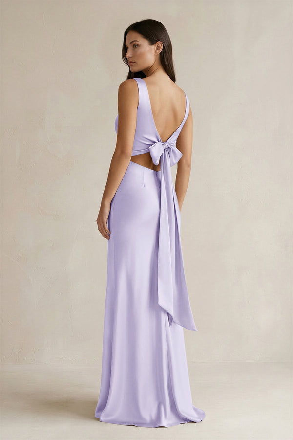 V - neck Sheath Satin Bridesmaid Dress With Back Bow in Lavender - KissProm Bridesmaid Dresses