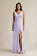 V - neck Sheath Satin Bridesmaid Dress With Back Bow in Lavender - KissProm Bridesmaid Dresses