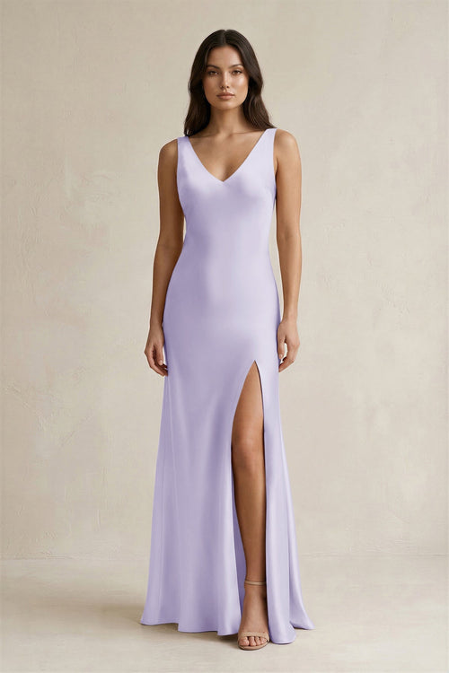 V - neck Sheath Satin Bridesmaid Dress With Back Bow in Lavender - KissProm Bridesmaid Dresses