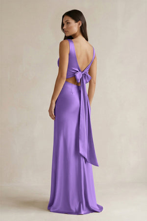 V - neck Sheath Satin Bridesmaid Dress With Back Bow in Lilac - KissProm Bridesmaid Dresses