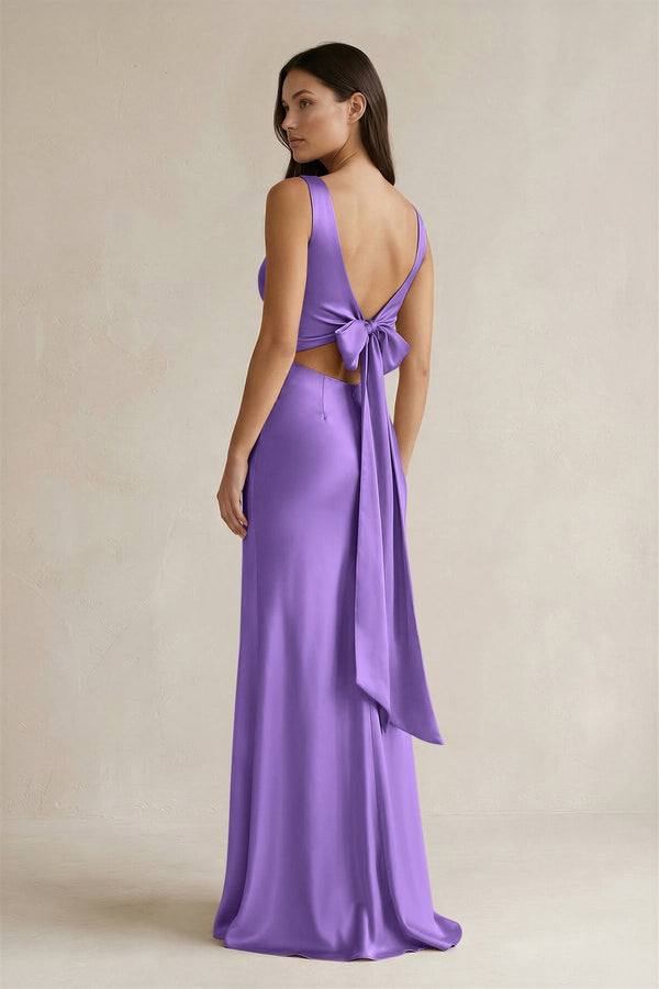 V - neck Sheath Satin Bridesmaid Dress With Back Bow in Lilac - KissProm Bridesmaid Dresses