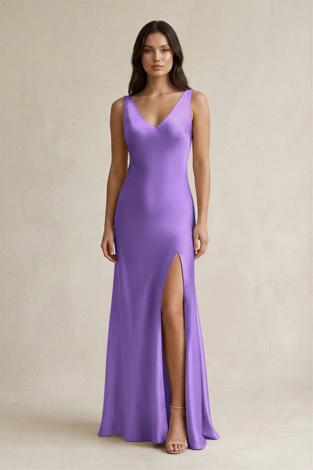 V - neck Sheath Satin Bridesmaid Dress With Back Bow in Lilac - KissProm Bridesmaid Dresses