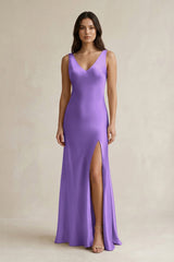 V - neck Sheath Satin Bridesmaid Dress With Back Bow in Lilac - KissProm Bridesmaid Dresses
