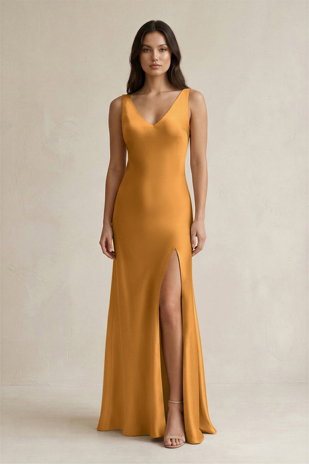 V - neck Sheath Satin Bridesmaid Dress With Back Bow in Marigold - KissProm Bridesmaid Dresses