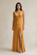 V - neck Sheath Satin Bridesmaid Dress With Back Bow in Marigold - KissProm Bridesmaid Dresses