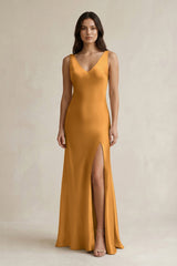 V - neck Sheath Satin Bridesmaid Dress With Back Bow in Marigold - KissProm Bridesmaid Dresses