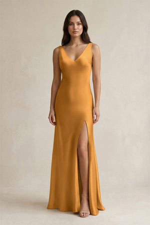 V - neck Sheath Satin Bridesmaid Dress With Back Bow in Marigold - KissProm Bridesmaid Dresses