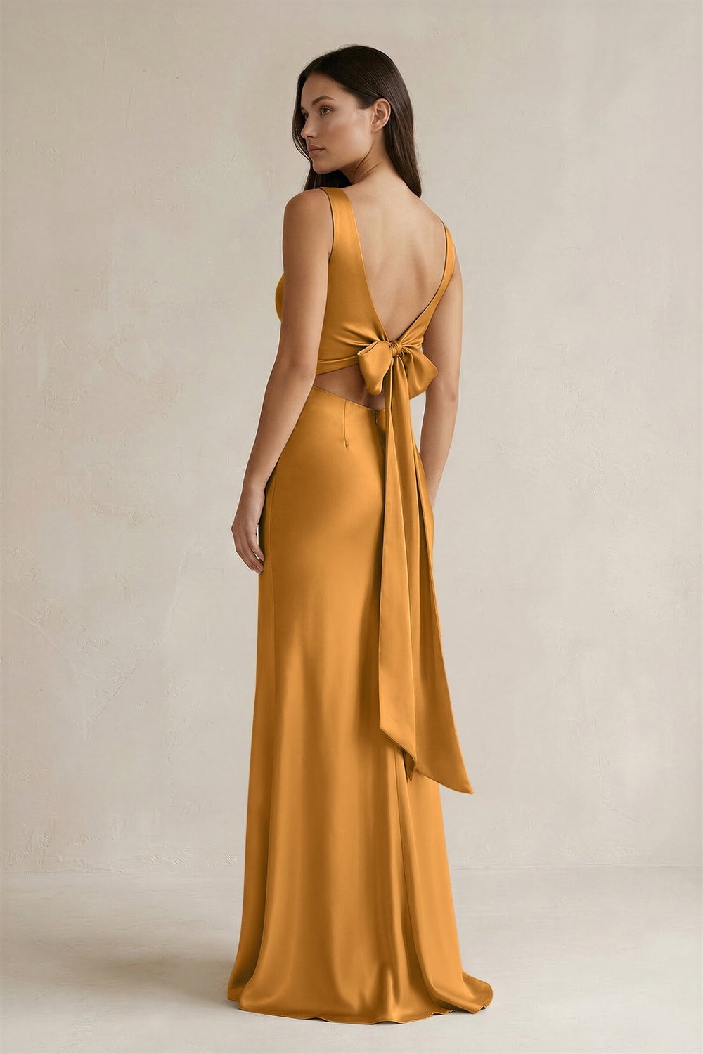 V - neck Sheath Satin Bridesmaid Dress With Back Bow in Marigold - KissProm Bridesmaid Dresses