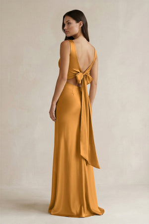 V - neck Sheath Satin Bridesmaid Dress With Back Bow in Marigold - KissProm Bridesmaid Dresses