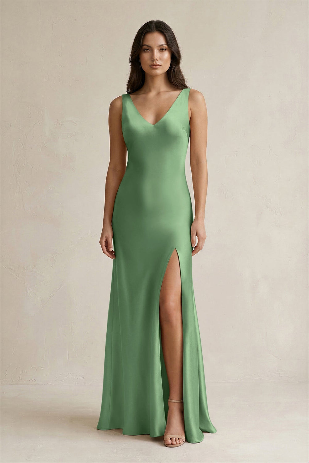 V - neck Sheath Satin Bridesmaid Dress With Back Bow in Matcha - KissProm Bridesmaid Dresses