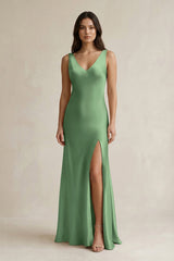 V - neck Sheath Satin Bridesmaid Dress With Back Bow in Matcha - KissProm Bridesmaid Dresses