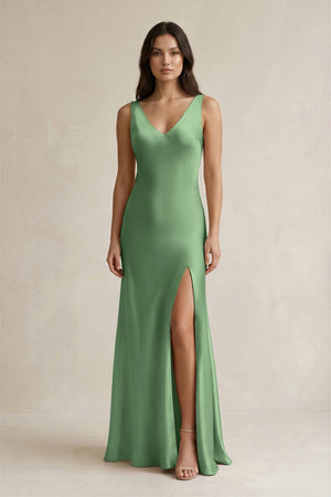 V - neck Sheath Satin Bridesmaid Dress With Back Bow in Matcha - KissProm Bridesmaid Dresses