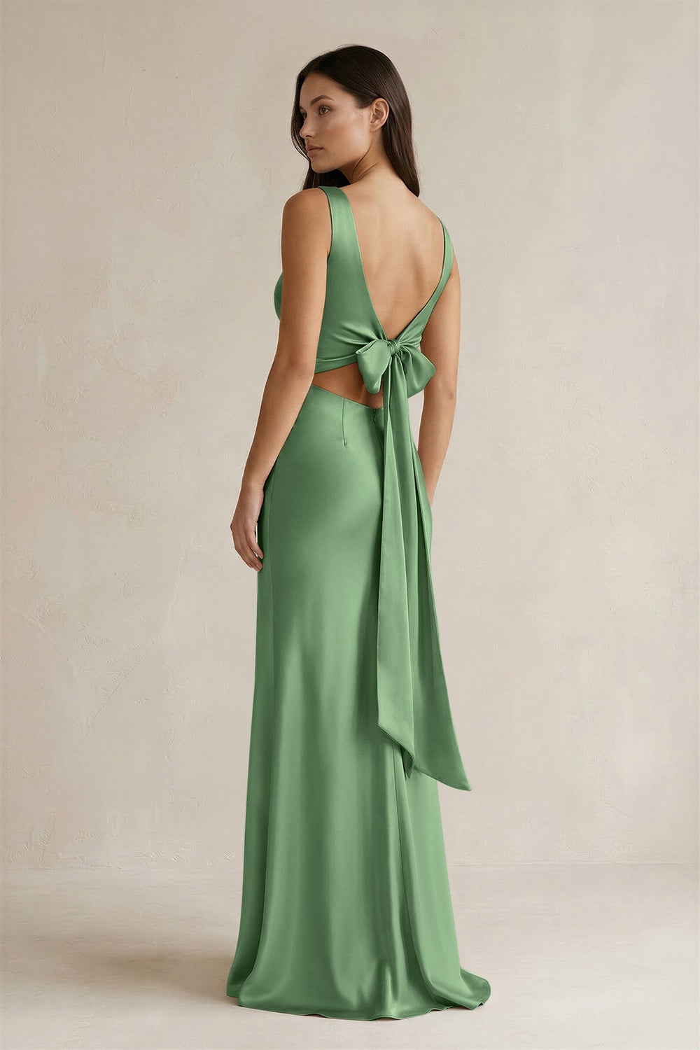 V - neck Sheath Satin Bridesmaid Dress With Back Bow in Matcha - KissProm Bridesmaid Dresses