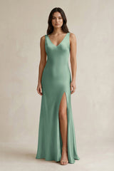 V - neck Sheath Satin Bridesmaid Dress With Back Bow in Mint Green - KissProm Bridesmaid Dresses