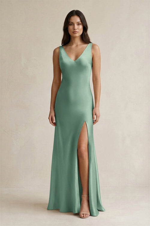 V - neck Sheath Satin Bridesmaid Dress With Back Bow in Mint Green - KissProm Bridesmaid Dresses