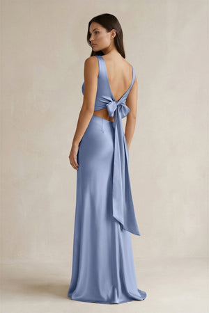 V - neck Sheath Satin Bridesmaid Dress With Back Bow in Mist - KissProm Bridesmaid Dresses