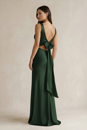 V - neck Sheath Satin Bridesmaid Dress With Back Bow in Moss - KissProm Bridesmaid Dresses