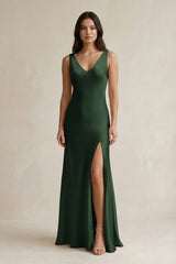 V - neck Sheath Satin Bridesmaid Dress With Back Bow in Moss - KissProm Bridesmaid Dresses