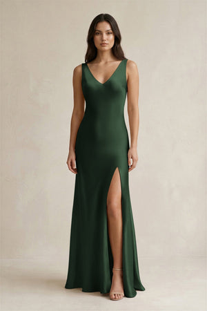 V - neck Sheath Satin Bridesmaid Dress With Back Bow in Moss - KissProm Bridesmaid Dresses