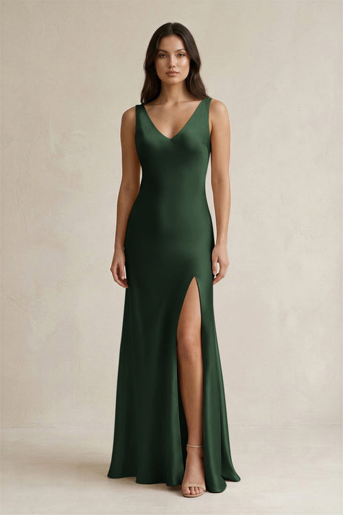 V - neck Sheath Satin Bridesmaid Dress With Back Bow in Moss - KissProm Bridesmaid Dresses