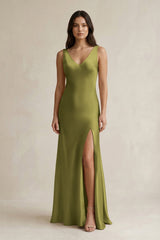 V - neck Sheath Satin Bridesmaid Dress With Back Bow in Moss Green - KissProm Bridesmaid Dresses