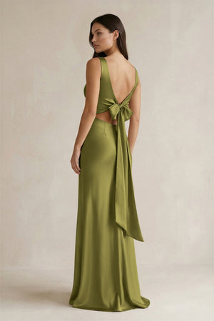 V - neck Sheath Satin Bridesmaid Dress With Back Bow in Moss Green - KissProm Bridesmaid Dresses