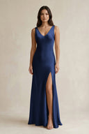 V - neck Sheath Satin Bridesmaid Dress With Back Bow in Navy - KissProm Bridesmaid Dresses