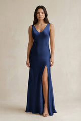 V - neck Sheath Satin Bridesmaid Dress With Back Bow in Navy - KissProm Bridesmaid Dresses