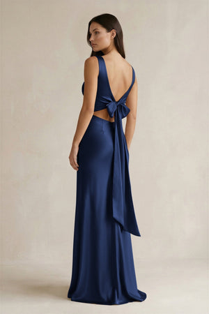 V - neck Sheath Satin Bridesmaid Dress With Back Bow in Navy - KissProm Bridesmaid Dresses
