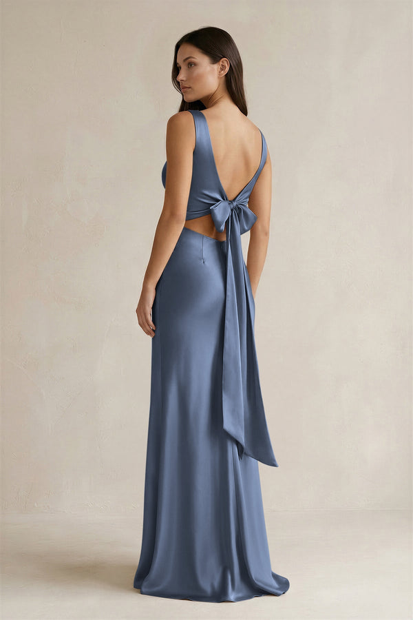 V - neck Sheath Satin Bridesmaid Dress With Back Bow in Neptune - KissProm Bridesmaid Dresses
