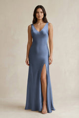 V - neck Sheath Satin Bridesmaid Dress With Back Bow in Neptune - KissProm Bridesmaid Dresses