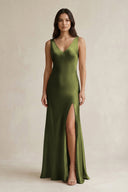 V - neck Sheath Satin Bridesmaid Dress With Back Bow in Olive - KissProm Bridesmaid Dresses