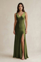 V - neck Sheath Satin Bridesmaid Dress With Back Bow in Olive - KissProm Bridesmaid Dresses