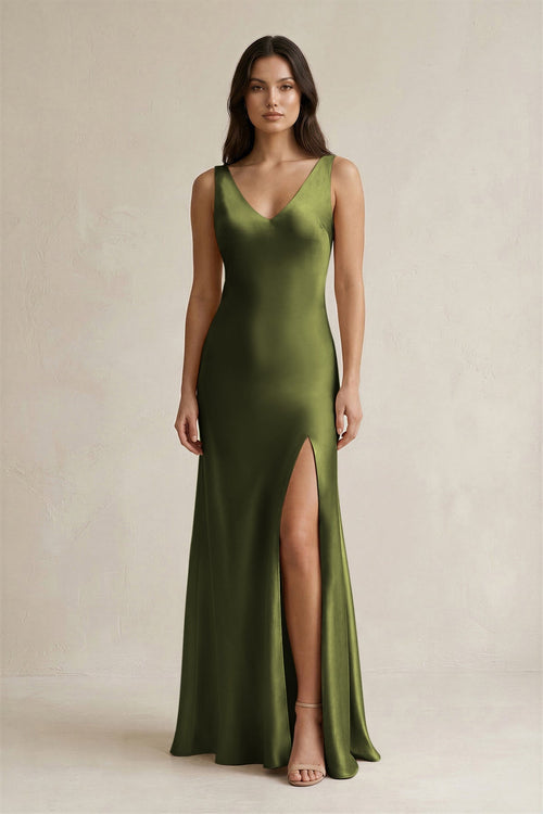 V - neck Sheath Satin Bridesmaid Dress With Back Bow in Olive - KissProm Bridesmaid Dresses