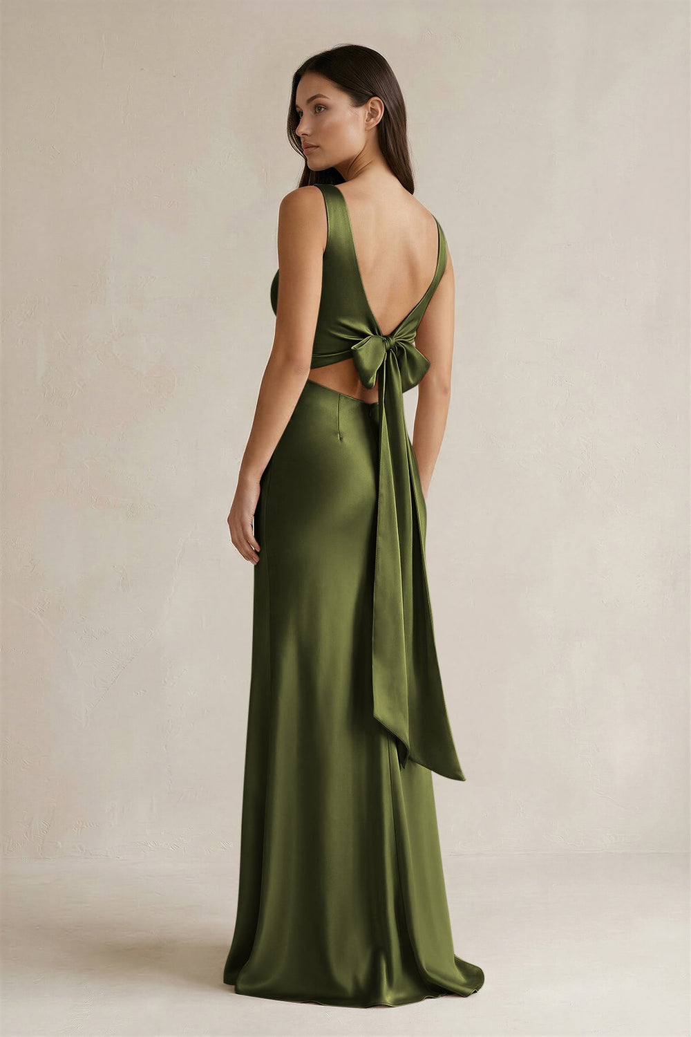 V - neck Sheath Satin Bridesmaid Dress With Back Bow in Olive - KissProm Bridesmaid Dresses