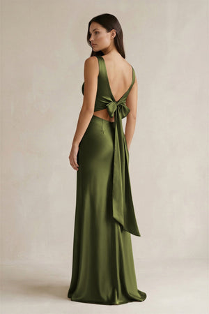 V - neck Sheath Satin Bridesmaid Dress With Back Bow in Olive - KissProm Bridesmaid Dresses