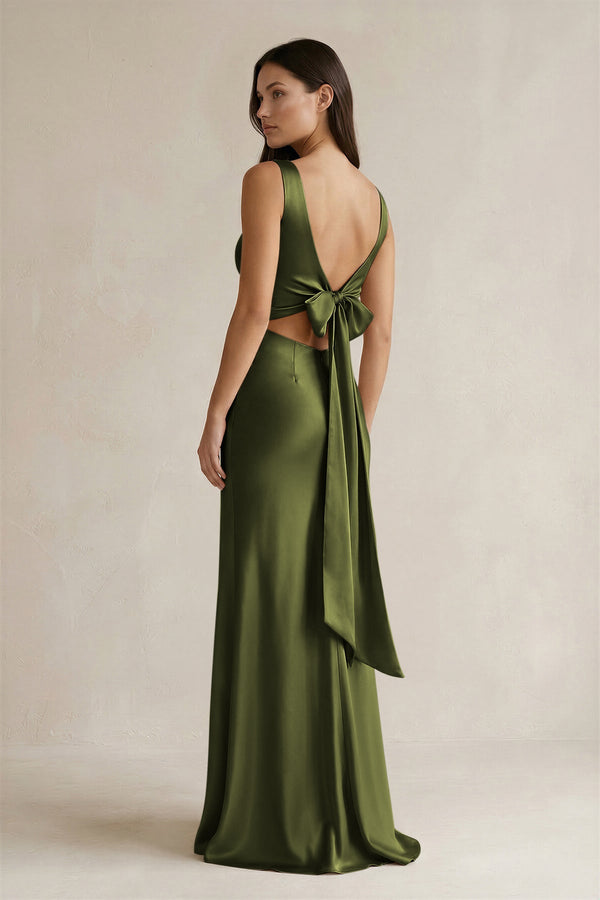 V - neck Sheath Satin Bridesmaid Dress With Back Bow in Olive - KissProm Bridesmaid Dresses