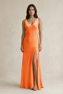 V - neck Sheath Satin Bridesmaid Dress With Back Bow in Orange - KissProm Bridesmaid Dresses