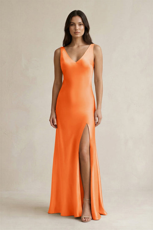 V - neck Sheath Satin Bridesmaid Dress With Back Bow in Orange - KissProm Bridesmaid Dresses