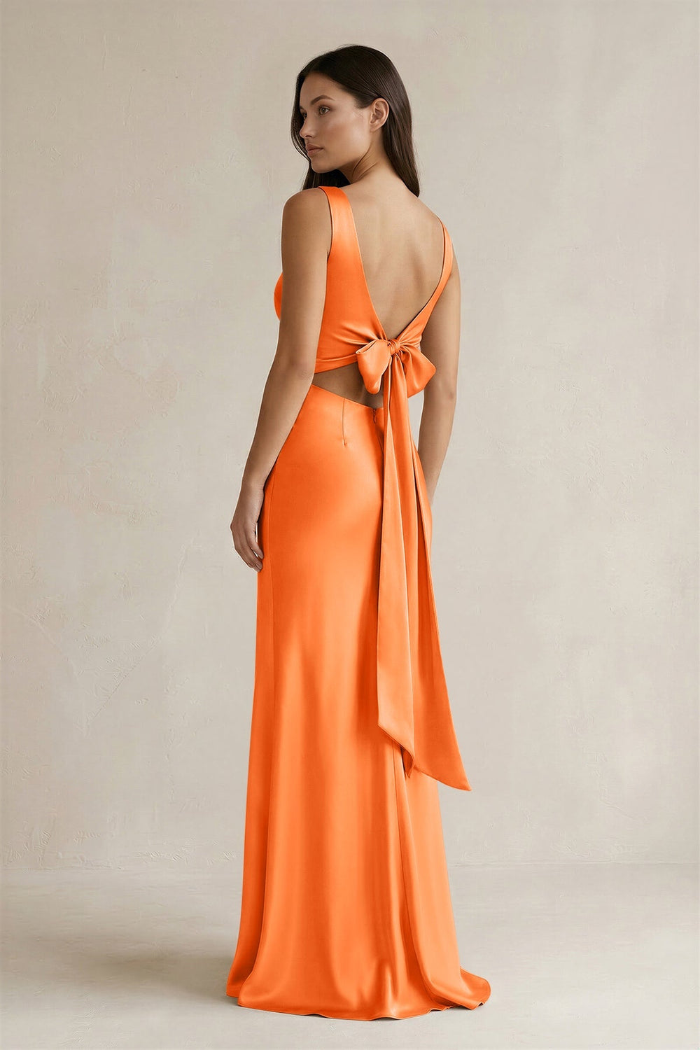 V - neck Sheath Satin Bridesmaid Dress With Back Bow in Orange - KissProm Bridesmaid Dresses