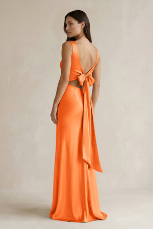 V - neck Sheath Satin Bridesmaid Dress With Back Bow in Orange - KissProm Bridesmaid Dresses
