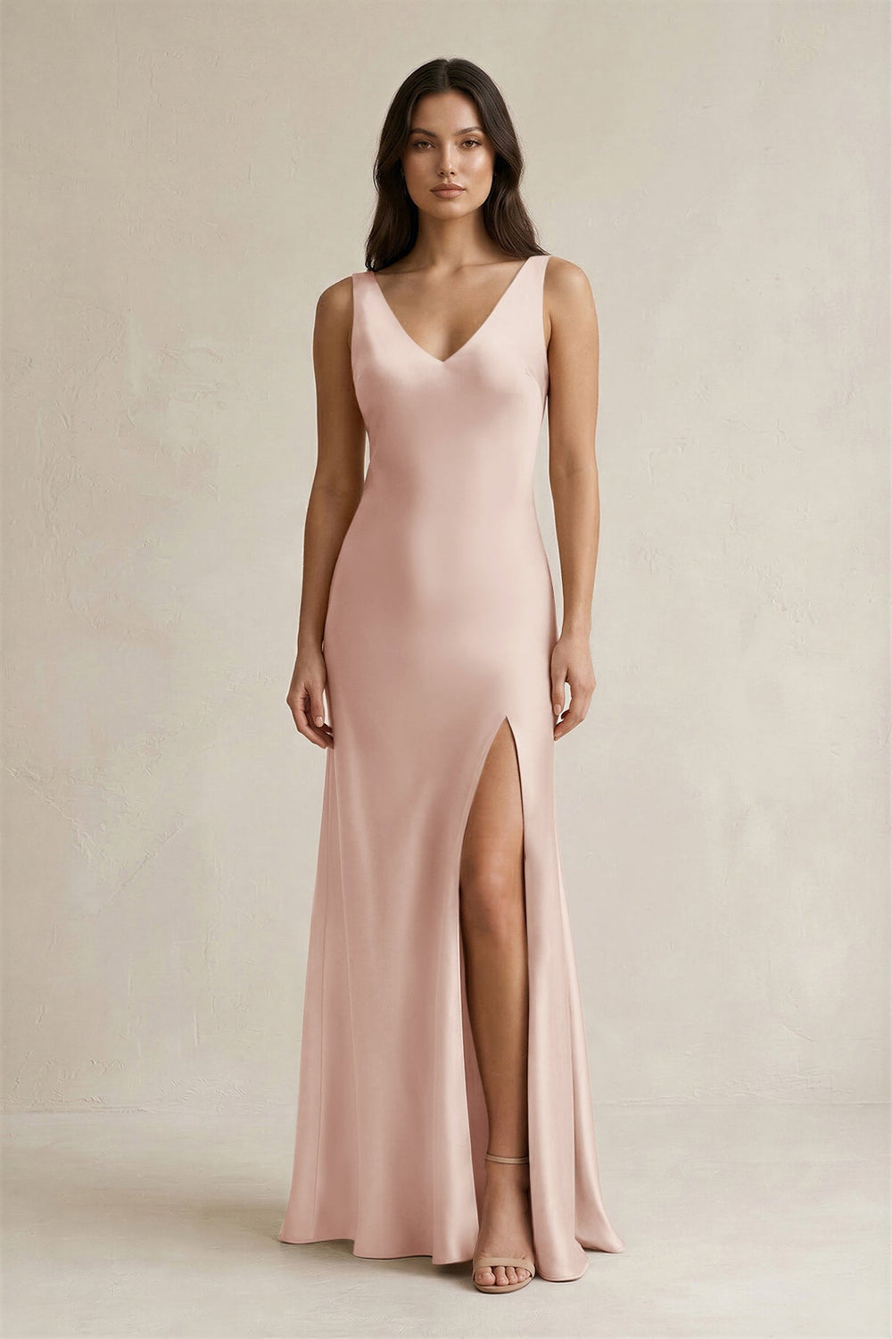 V - neck Sheath Satin Bridesmaid Dress With Back Bow in Pale Blush - KissProm Bridesmaid Dresses